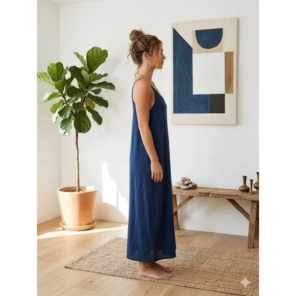 LOVESTITCH Navy Blue Gauze Maxi Dress Pockets S/M - Picture 2 of 12